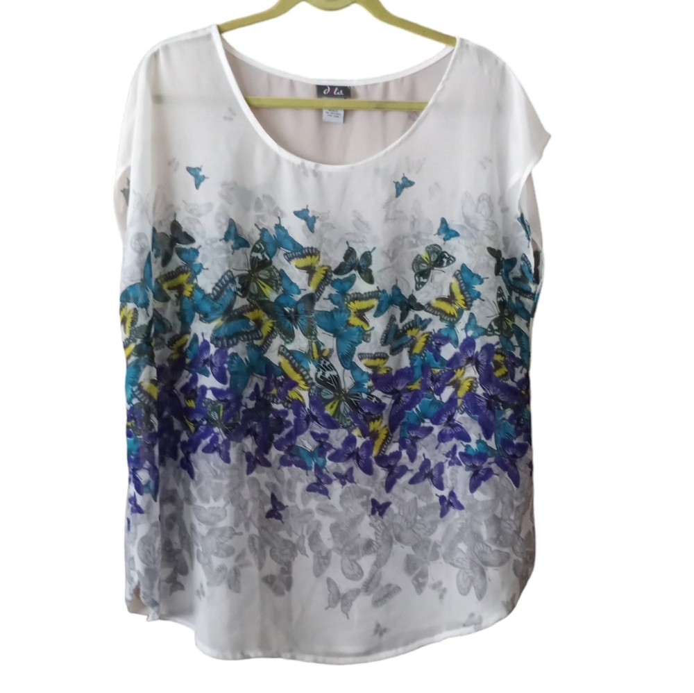 dots Blouse Butterfly Print Boho Sheer Lightweight Pullover Size 1X Blue White